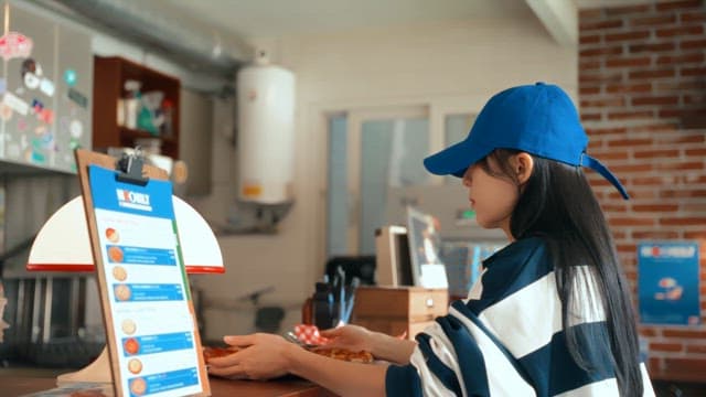 Woman serving freshly baked pizza