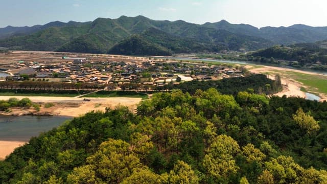 Traditional Korean house village surrounded by mountains