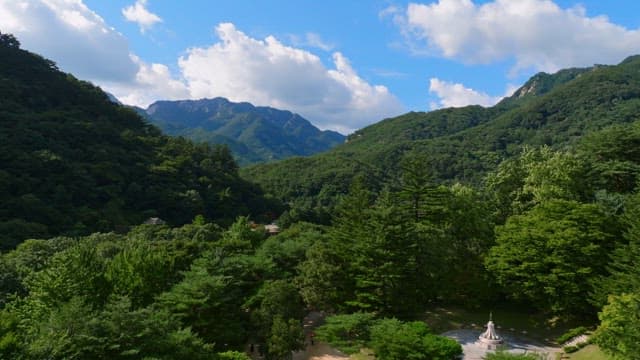 Traditional village nestled in lush mountains
