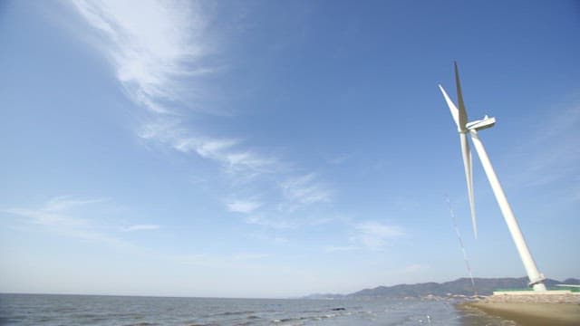 Wind turbines along the coastline under the clear sky