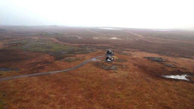 Remote cabins in a vast open landscape