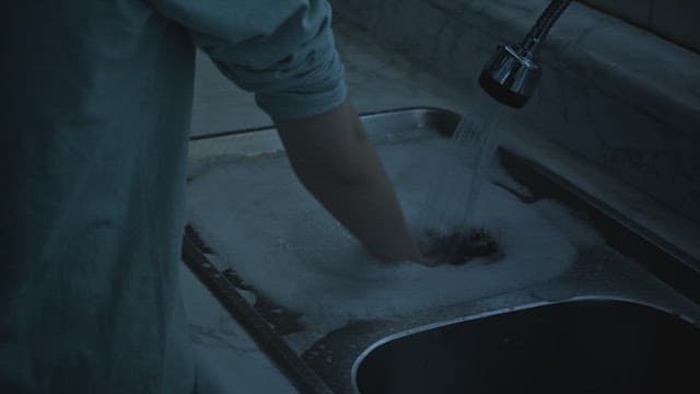Person washing dishes in dimly lit kitchen at night