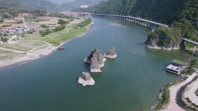 Aerial View of Rocky Islets in a River