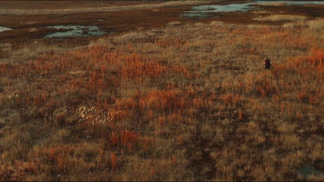 Lone Figure Riding Horse Across a Wild Landscape