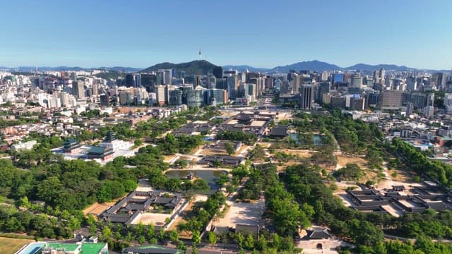 Aerial view of a city with traditional palace