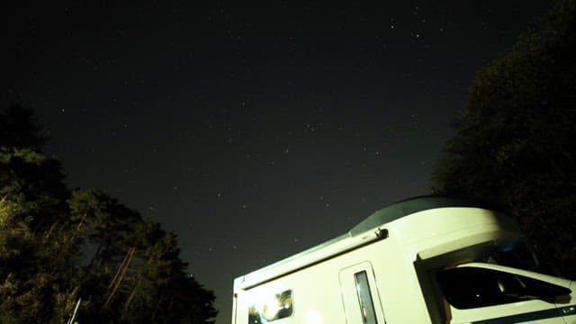 Night Sky View with a Parked Camper Van under Starlit Forest
