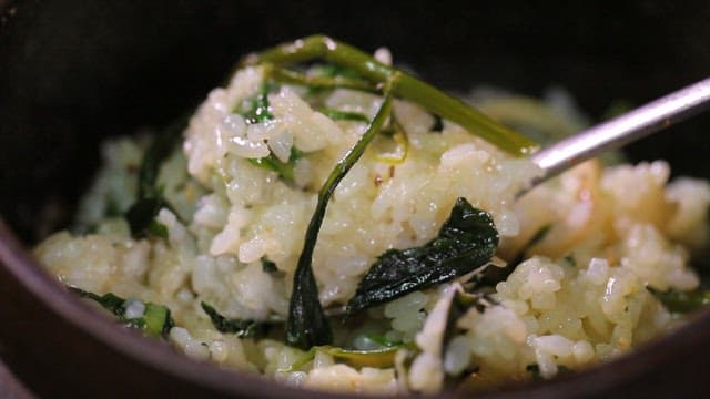 Spoonful of Korean stone pot rice with nutritious deodeok
