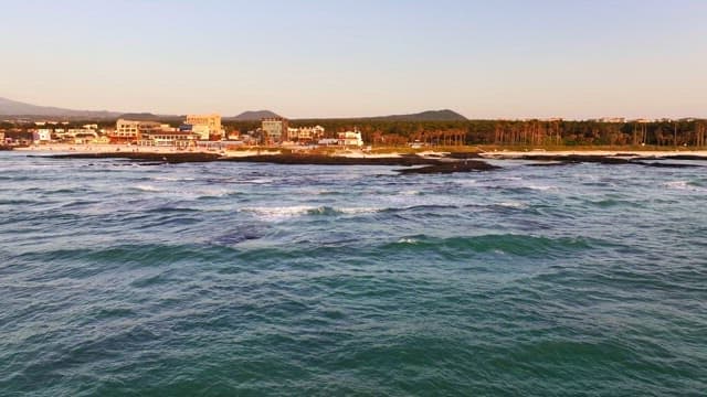 Coastal town with waves and beach