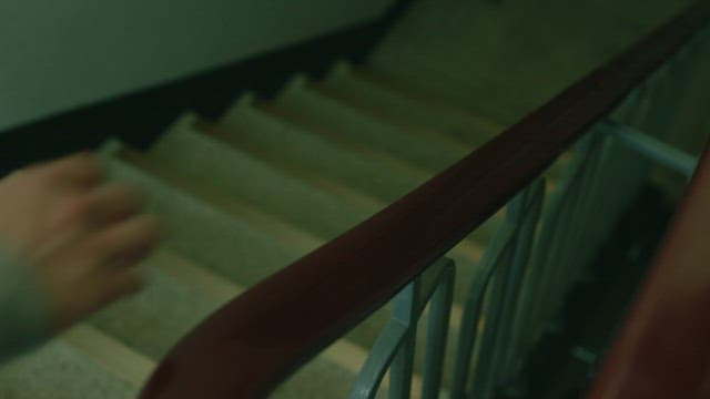 Person walking down an indoor staircase in the dim light of a building's hallway