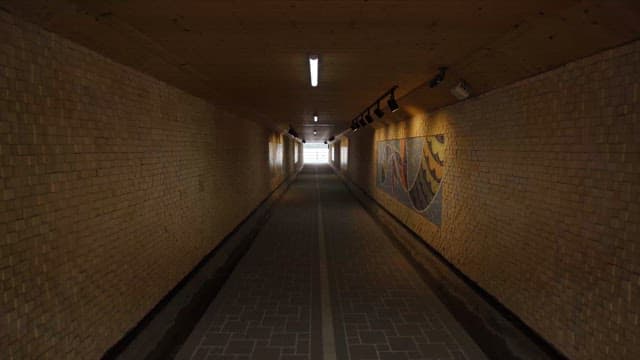 Well-lit pedestrian tunnel adorned with colorful murals on its walls