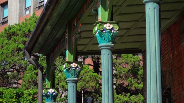 Elaborate blue pillars of Jeonggwanheon, a Western-style pavilion built in the modern era