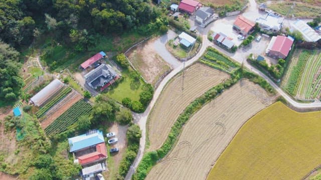 View of a rural village and farmland