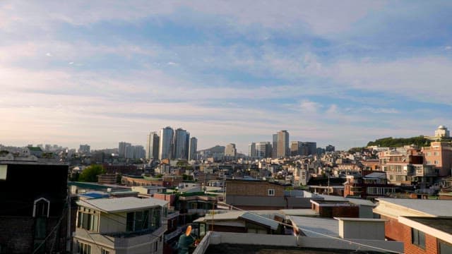 Cityscape with modern buildings and a clear sky