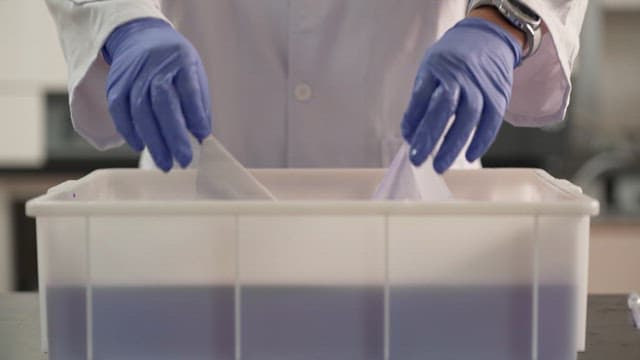 Researcher lifting test materials from solution in lab