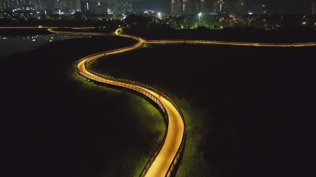Illuminated walkway in a city park at night