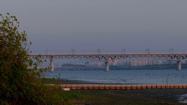 Riverside with cityscape and bridge