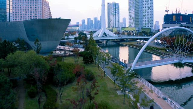 Urban Park with Modern Architecture and Bridge