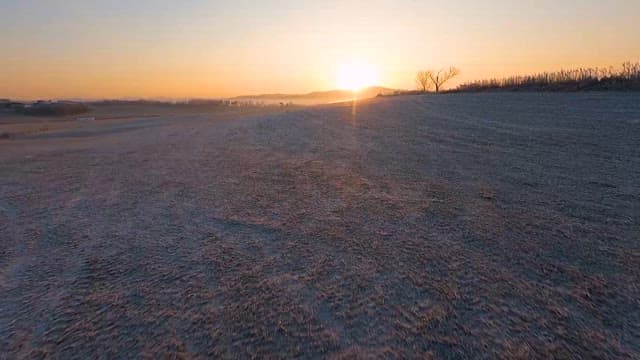 Sunrise Over Rural Farmland with Mist