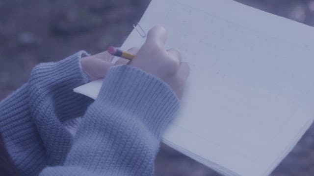 Person writing with pencil on manuscript paper outdoors in the afternoon
