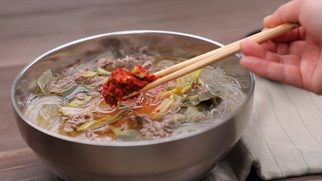 Appetizing beef soup with red pepper paste seasoning