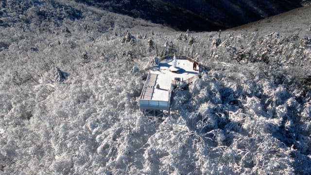 Observation deck on top of a white snow-covered mountain