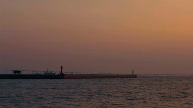 Sunset at a serene beach with distant lighthouses and piers