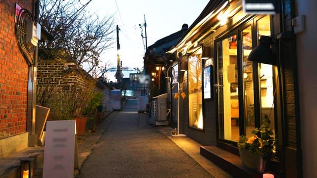 Alley with several stores lit up at night