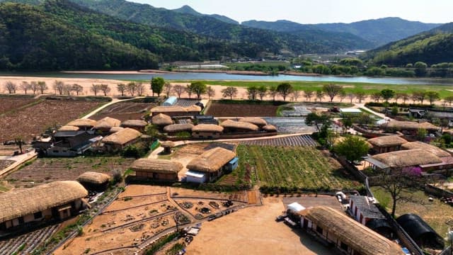 Traditional village with thatched roofs and farmlands