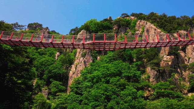 Red suspension bridge on a rocky mountain with lush green foliage