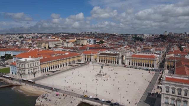 Historic Square with Red-Roofed Buildings