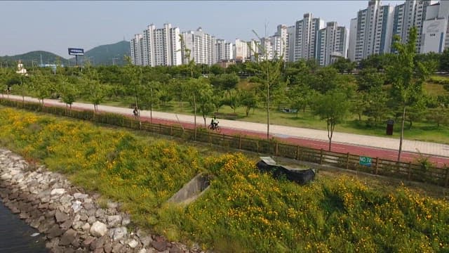 Urban Park with Cyclists and Walkers