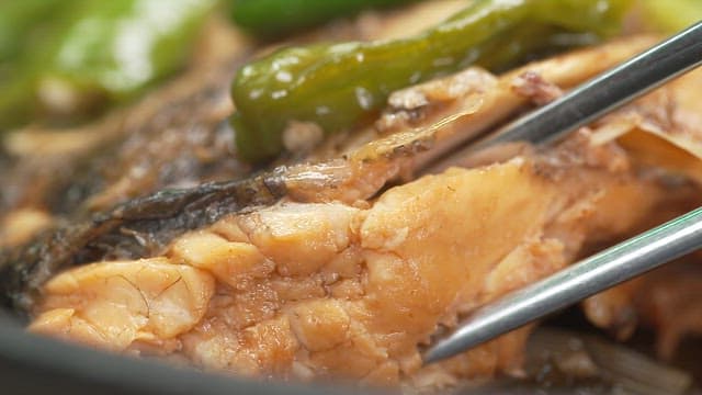 Chopsticks holding a rich piece of fish