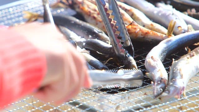 Grilling the sand eels until golden brown on the barbecue grill
