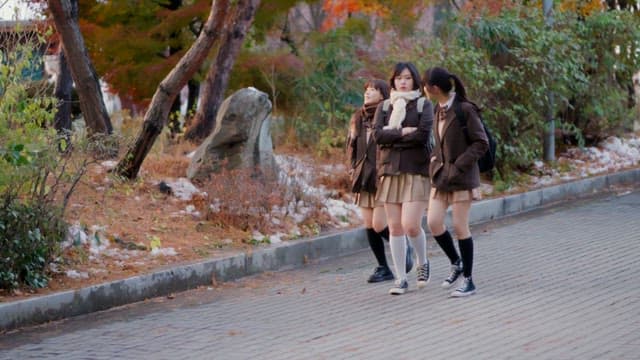 Students walking on the street in winter