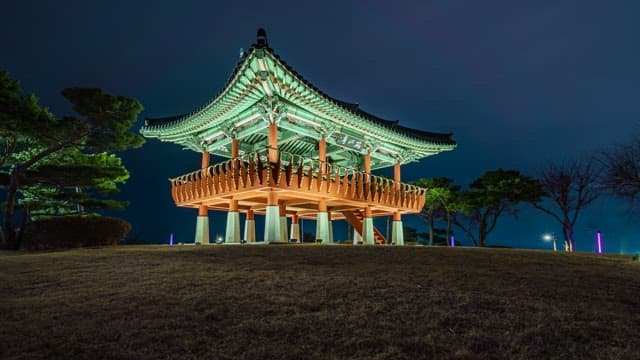 Illuminated Traditional Korean Pavilion at Night