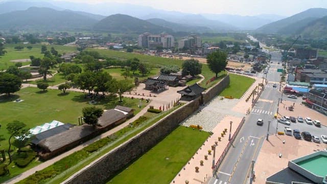 Aerial view of a traditional Korean village