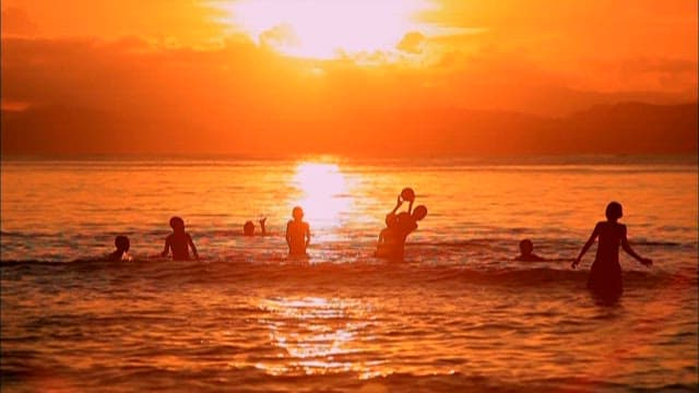 Silhouetted people playing at sunset in the sea