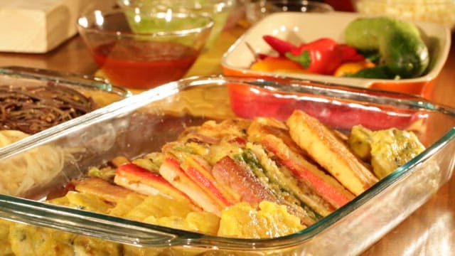 Colorful Korean Skewers in Glass Dish