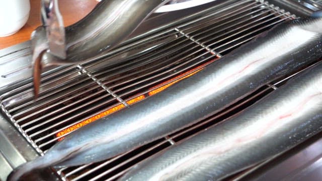 Fresh eel being grilled on a barbecue with tongs