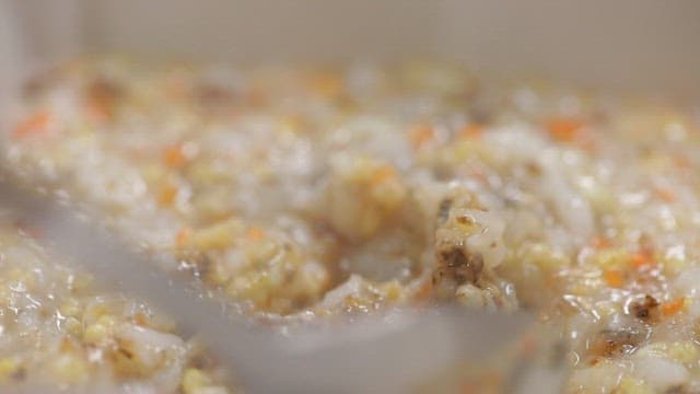 Spoonful of Korean porridge made of green eel goby