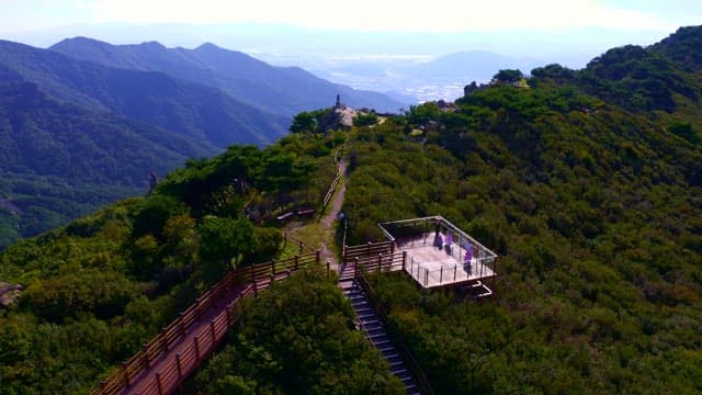Viewing deck on a mountain with lush greenery and distant city view