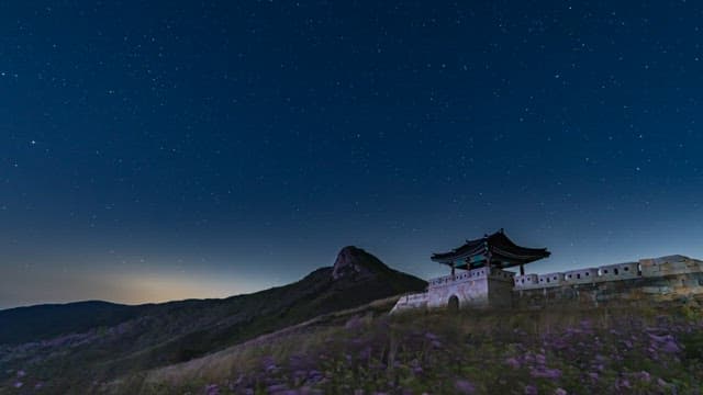 Ancient Gate of Castle under a Starry Night Sky