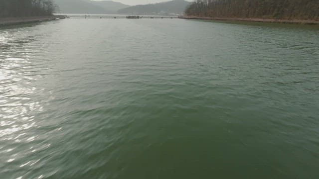 Serene lake with a distant bridge