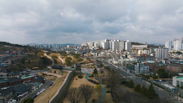 Cityscape with Suwon Hwaseong Fortress and apartment complex