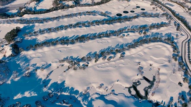 Snowy Landscape from Above with Shadows and Trees