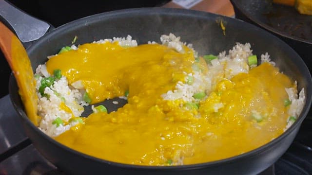 Fried Rice with Pumpkin Sauce Cooked in a Pan