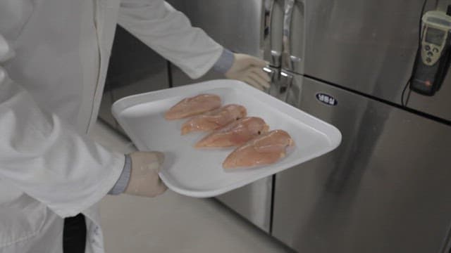 Researchers placing raw chicken on trays into an industrial refrigerator