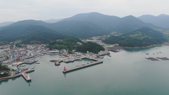 Coastal village with a harbor and mountains
