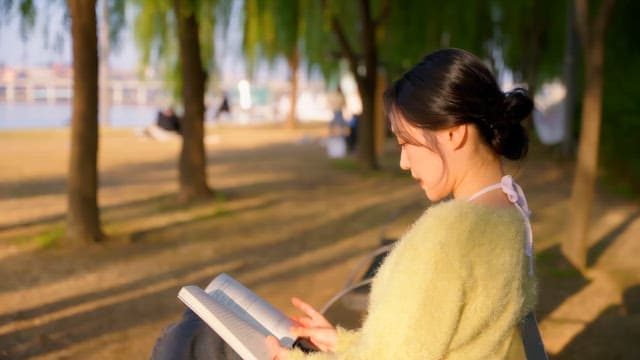 Woman reading a book in a sunny park