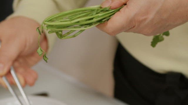 Eating fresh water parsley and pork belly topped with ssamjang